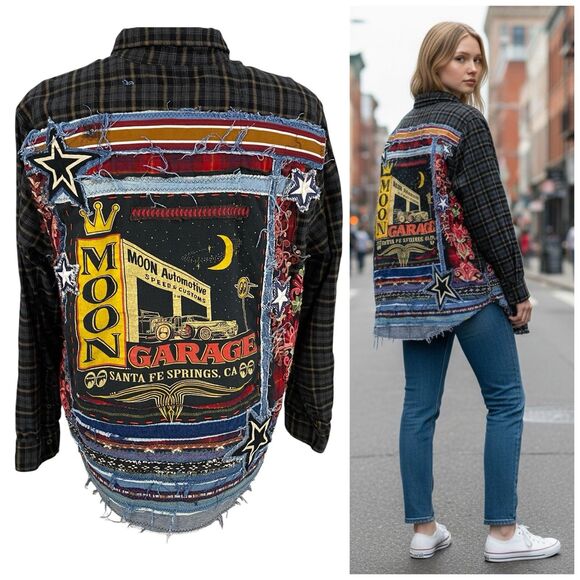 The Unbranded Brand Tops - Upcycled Flannel Shirt Shacket Womens 1X Mechanic Automotive Garage Grunge Parts